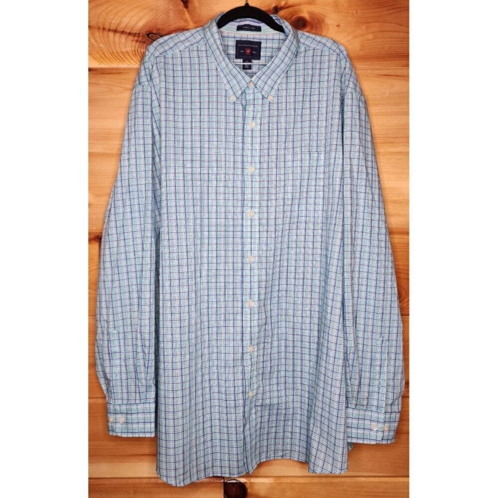 Saddlebred Easy Care Gray Teal Plaid Lightweight Button Down Mens 3XTL